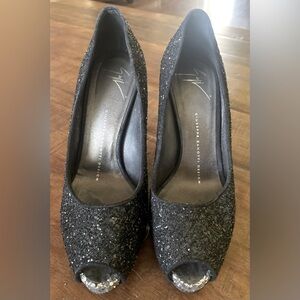 Guiseppe Zanotti Black Glitter Peep Toe Heels Sz 36.5
